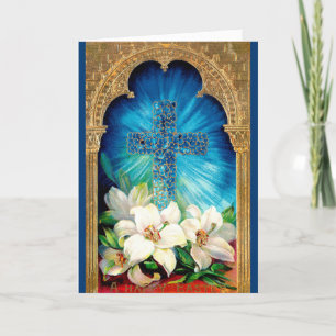 Carte Pâques Florale Croix Bleu & Or