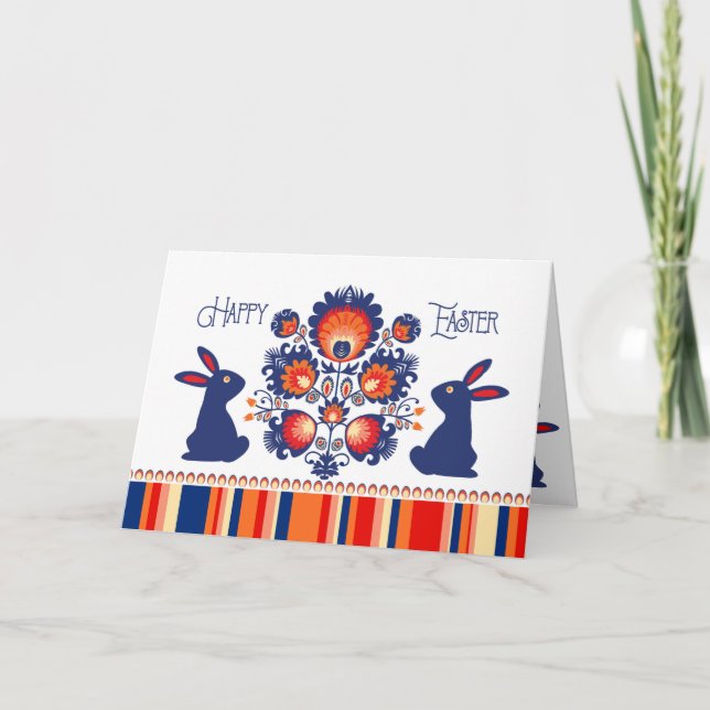 Carte Pâques Folklore avec 2 lapins bleus 🐰 Texte perso (Devant)