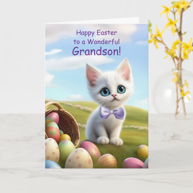 Carte Pâques Grandson avec mignon chaton blanc et panier (Fleur jaune)