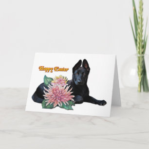 Carte Pâques Pâques Mignonne Noir Berger Pup Fleurs Mum