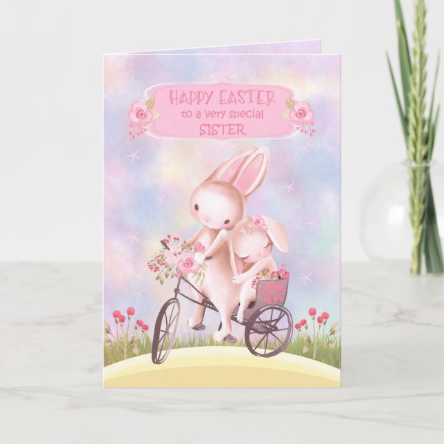 Carte Pâques pour les petites sœurs aux lapins doux sur  (Devant)