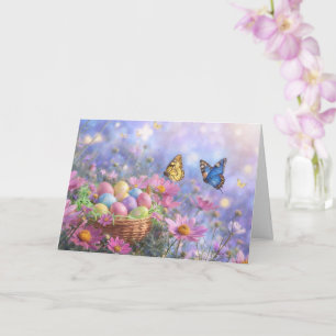 Carte Pâques Printemps avec Fleurs Oeufs Jardin 