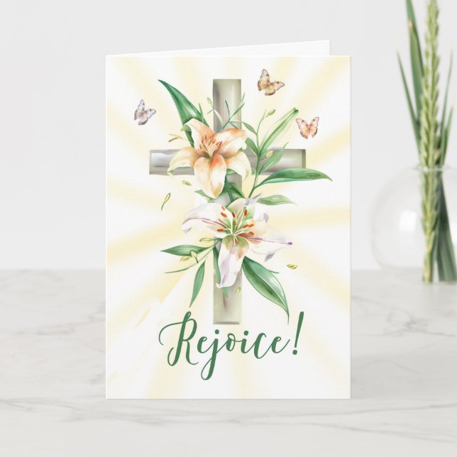 Carte Pâques Rejoice avec Croix d'aquarelle et Lys (Devant)