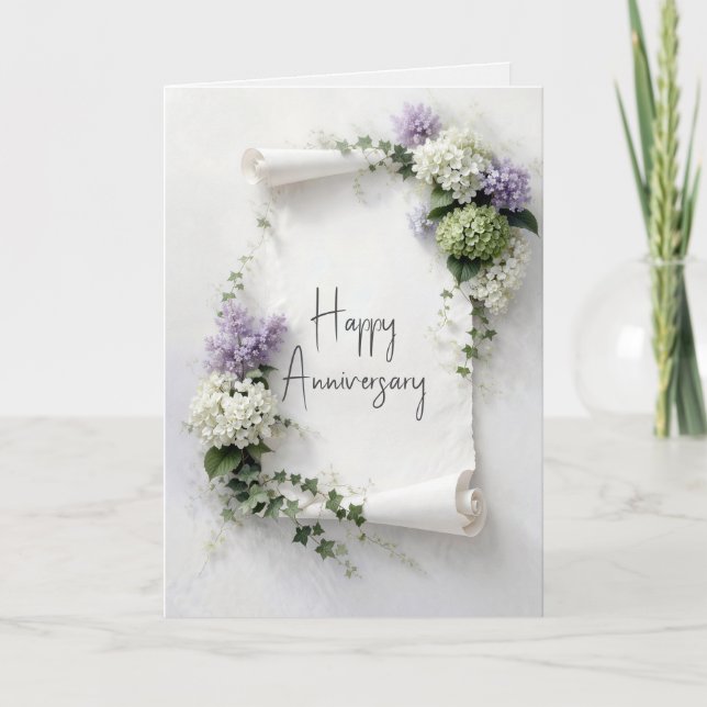 Carte Parchemin Anniversaire de Mariage Lilas et Hydrang (Devant)