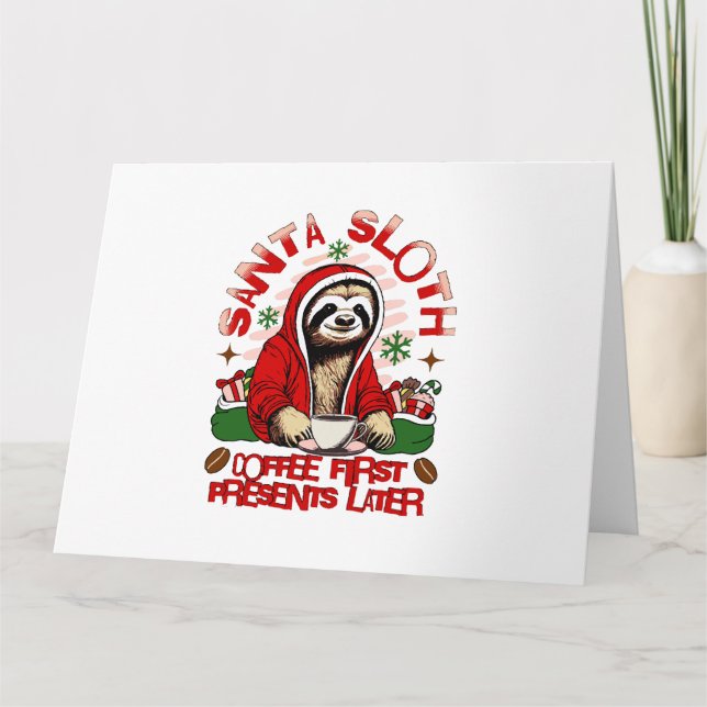Carte Paresseux de Noël buvant du café  (Devant)