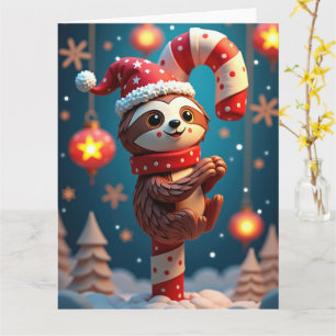 Carte Paresseux souriant suspendu à un bonbon de Noël