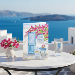 Carte Paros Grèce Porte Bleue & Bougainvillée Aquarelle