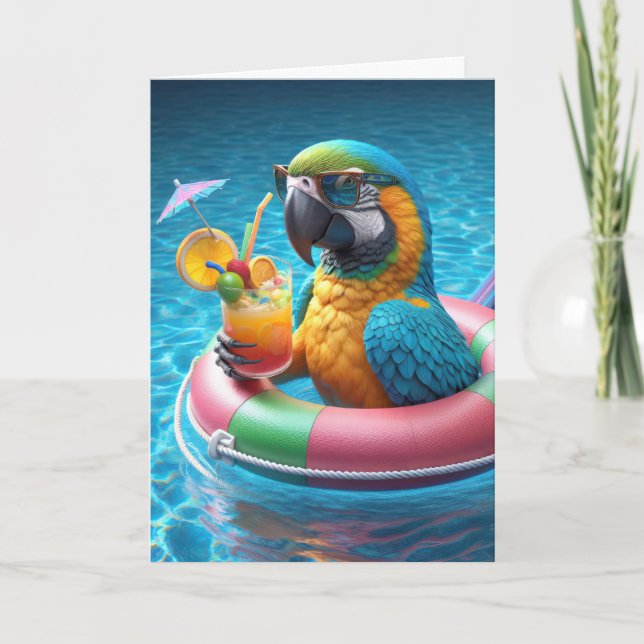 Carte Parrot dans une piscine pour Anniversaire (Devant)