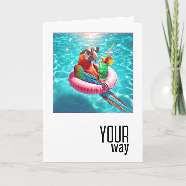 Carte Parrot Macaw Avec Cocktail Flottant Dans Une Pisci (Devant)