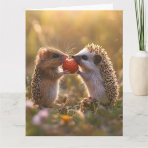 Carte Partage d'une fraise - Hérisson adorable et souris