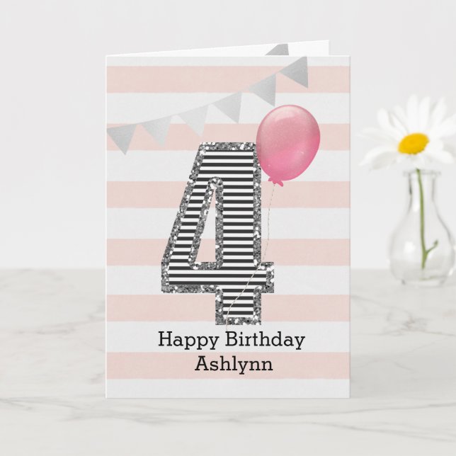Carte Parties scintillant Argent et rose 4e anniversaire (Petite plante)