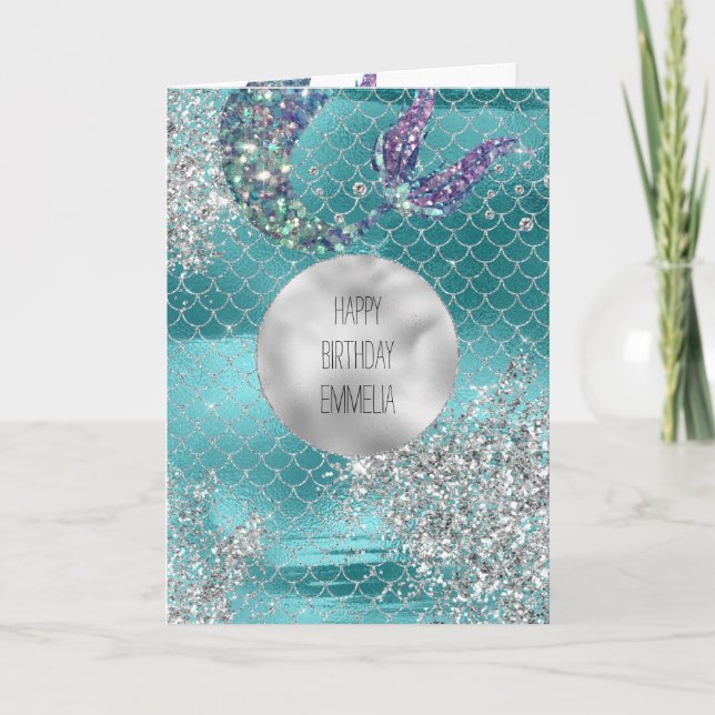 Carte Parties scintillant d'argent Aqua Mermaid (Devant)