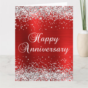 Carte Parties scintillant d'argent Red Happy Anniversair