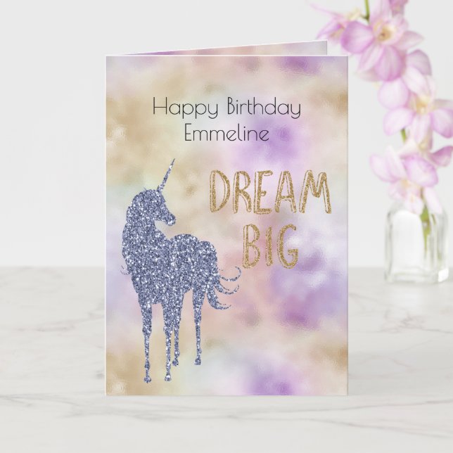 Carte Parties scintillant d'or Dream Big Unicorn Personn (Orchidée)