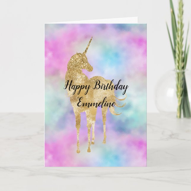 Carte Parties scintillant d'or Unicorne violet rose Aqua (Devant)