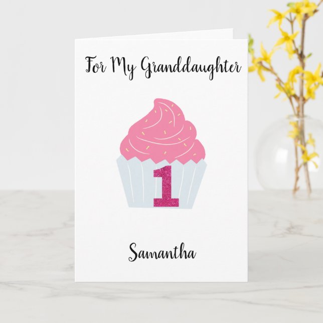 Carte Parties scintillant rose et Cupcake 1er anniversai (Fleur jaune)