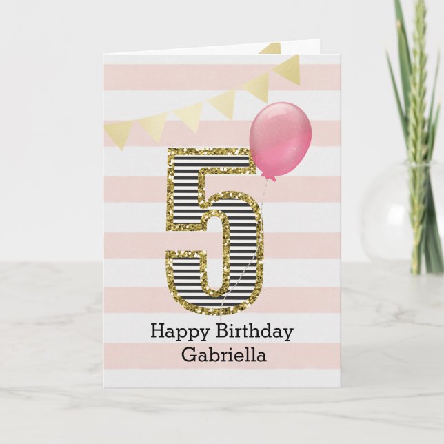 Carte Parties scintillant rose et or 5e anniversaire (Devant)