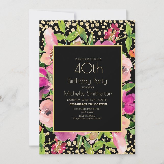 Carte Parties scintillant rose Floral Black Gold 40e ann (Devant)