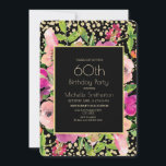Carte Parties scintillant rose Floral Black Gold 60e ann<br><div class="desc">Feuilles rose aquarelle fleurie et verte sur une invitation de fête de 60e anniversaire noir et glitterie or pour les femmes avec des polices texte modernes. Le dos de cette carte a des pois d'or sur un arrière - plan noir. Contactez-nous pour obtenir de l'aide sur la personnalisation ou pour...</div>