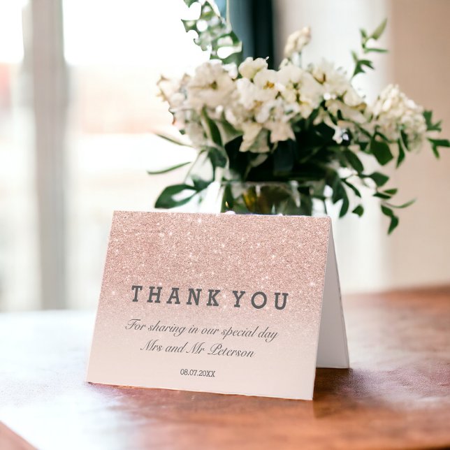 Carte parties scintillant rose or rose ombre Merci maria (Rose gold glitter pink ombre Thank you wedding Card)
