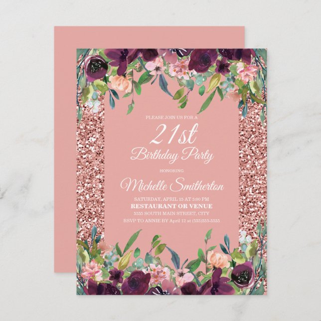 Carte Parties scintillant rose Purple Floral 21e anniver (Devant / Derrière)
