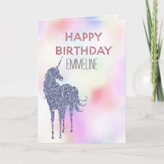 Carte Parties scintillant violette Unicorn rose Annivers (Devant)