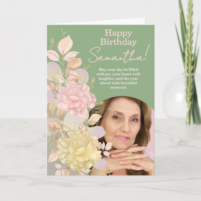 Carte Pastel Blush Pink Floral Photo Birthday Greeting (Devant)