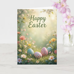Carte Pastel élégant Bonne Pâques avec fleurs et oeufs