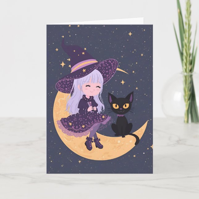 Carte Pastel Goth Witch et Cat Halloween Card 5x7 (Devant)