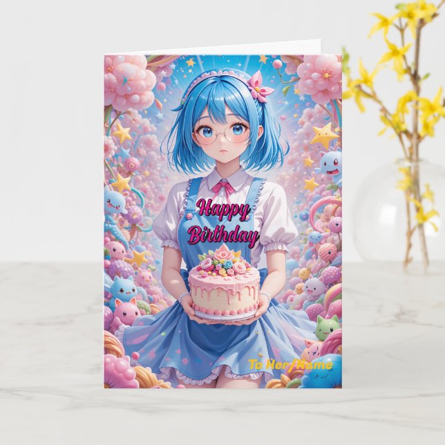 Carte Pastel Kawaii Girl Cake Celebration (Fleur jaune)