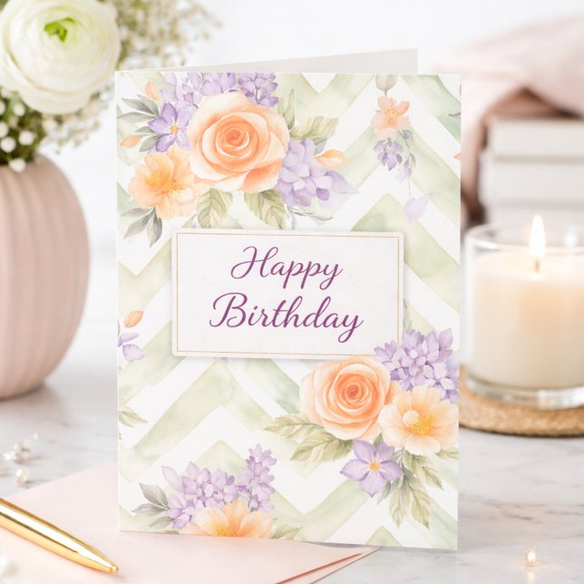 Carte Pastel Peach Lavender Floral Sage Chevron Birthday (Créateur téléchargé)