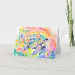 Carte Pastel Rainbow Watercolor Floral Sea Turtle