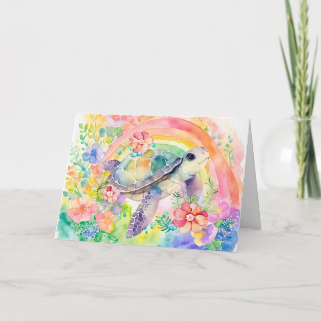 Carte Pastel Rainbow Watercolor Floral Sea Turtle (Devant)
