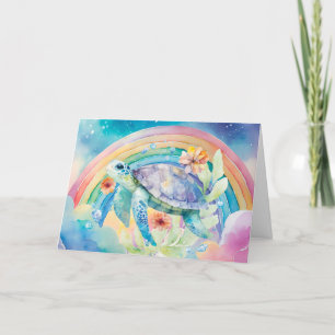 Carte Pastel Rainbow Watercolor Floral Sea Turtle