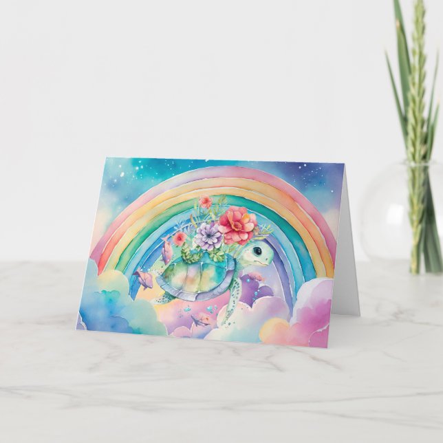 Carte Pastel Rainbow Watercolor Floral Sea Turtle (Devant)