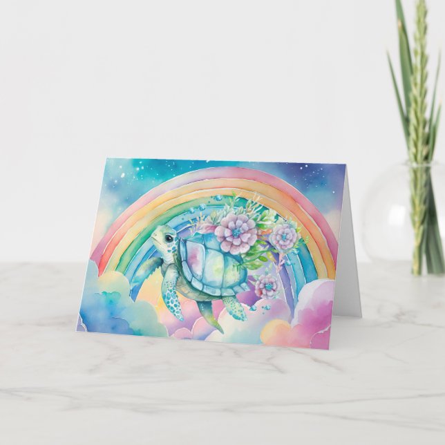 Carte Pastel Rainbow Watercolor Floral Sea Turtle (Devant)