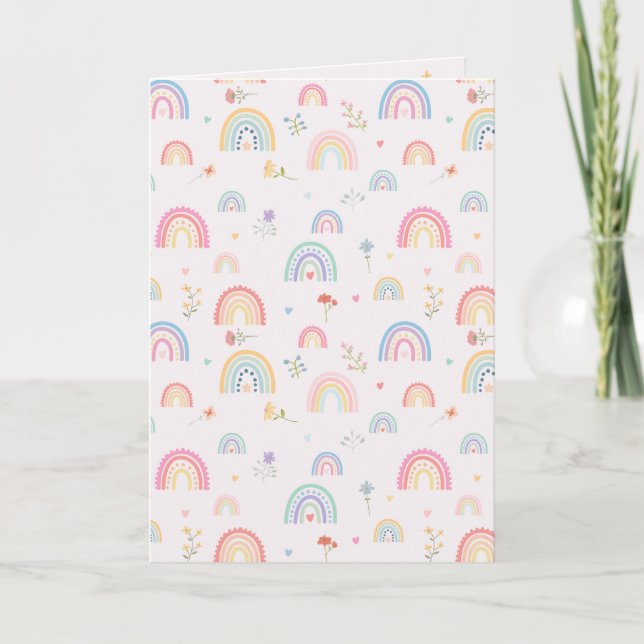 Carte Pastel Rainbows Girly Fleurs sauvages & Coeurs (Devant)