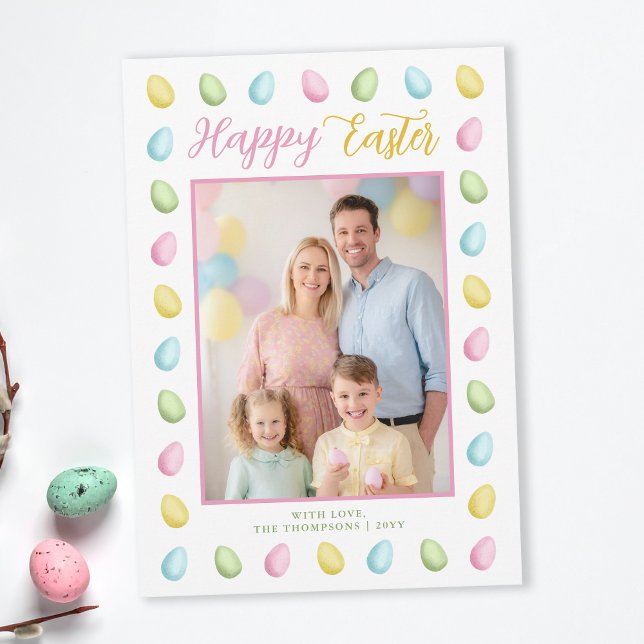 Carte Pastel Watercolor Easter Eggs With Family Photo (Créateur téléchargé)