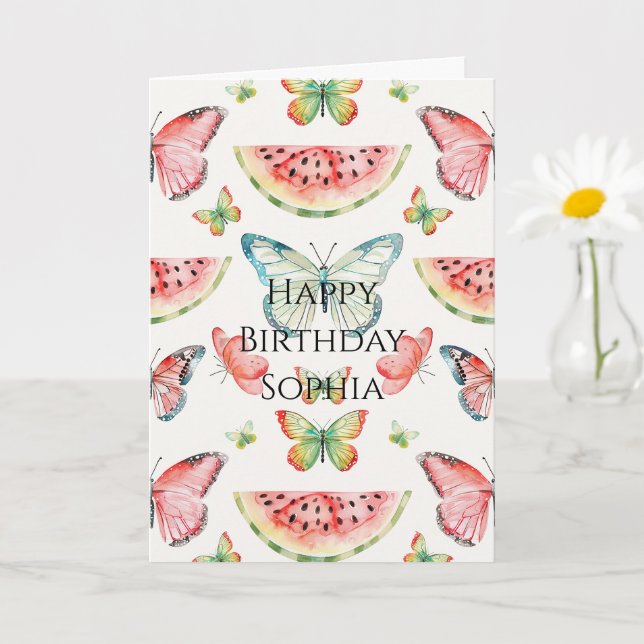 Carte Pastèque verte rouge papillons bleus anniversaire (Petite plante)