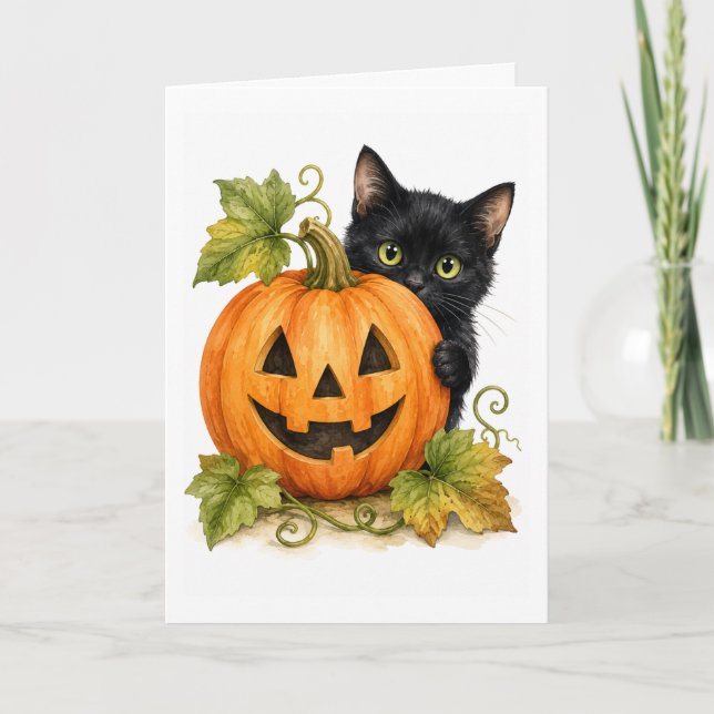 Carte Patch de citrouille Peekaboo Chat Noir Aquarelle C (Devant)