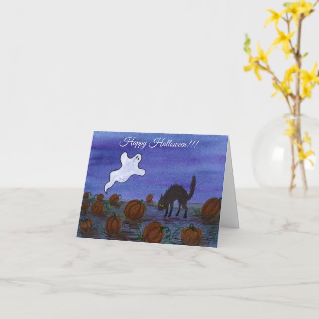 Carte Patch de citrouilles fantôme et chat noir (Fleur jaune)