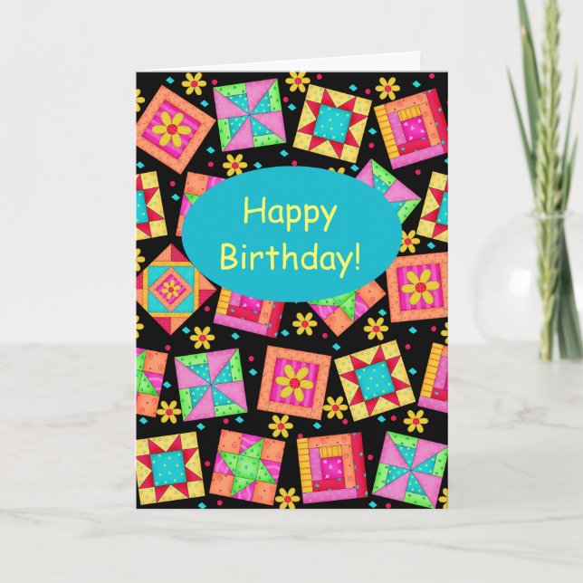 Carte Patchwork noir Quilt Block Art Joyeux anniversaire (Devant)