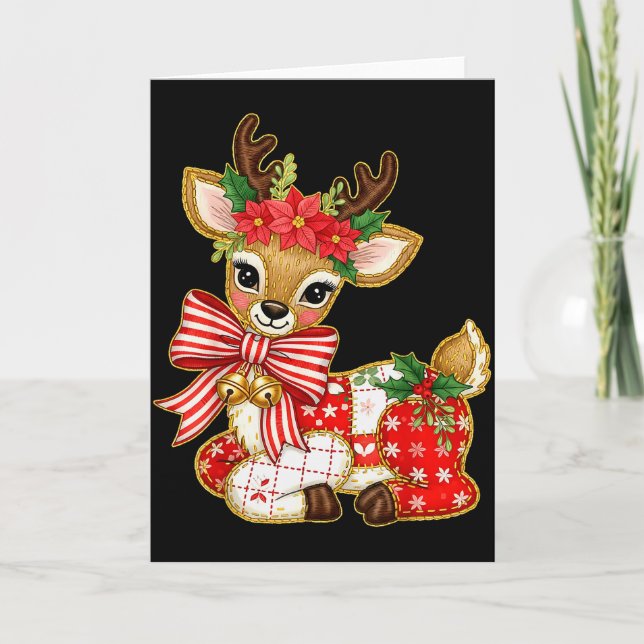 Carte Patchwork Reindeer Preppy Girly Christmas Xmas Hol (Devant)