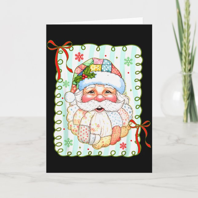 Carte Patchwork Santa Claus Face Coquette Merry Christma (Devant)