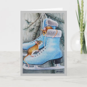 Carte Patinage sur glace bleu et souris - Maison de vaca