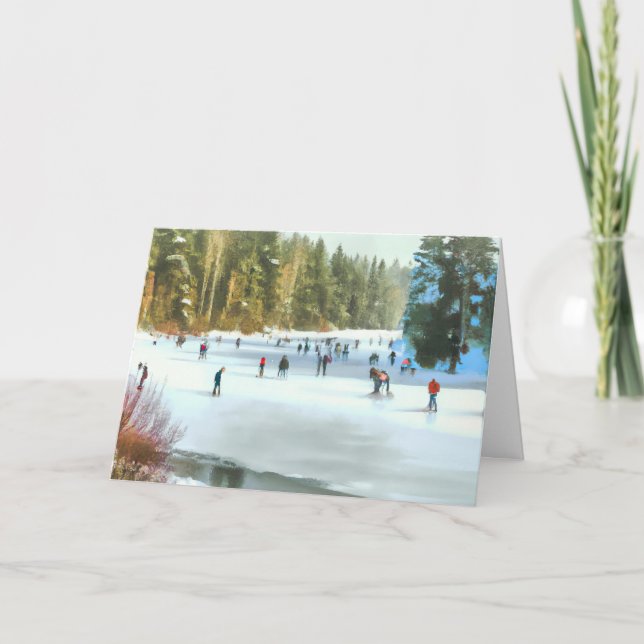 Carte Patineurs sur un paysage d'hiver à l'aquarelle d'é (Devant)