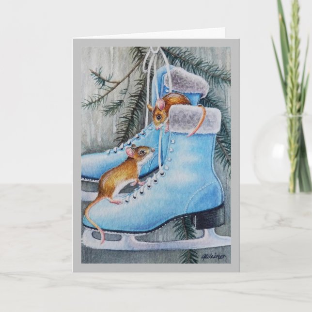 Carte Patins à glace bleus et Souris Maison de vacances  (Devant)