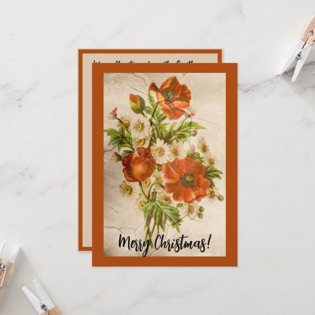 Carte Pavot botanique Vintage victorien en détresse (Devant/Arrière en situation)