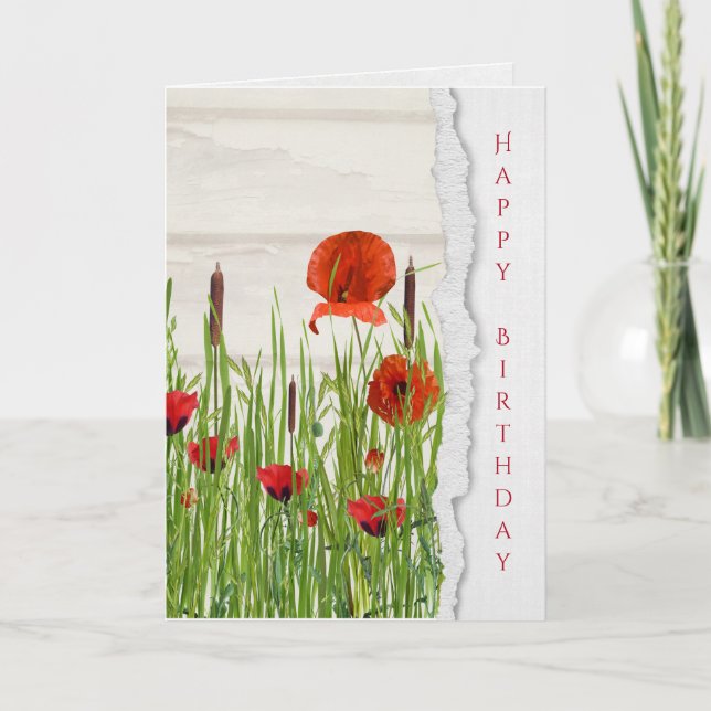 Carte pavots rouges avec l'anniversaire de cattails (Devant)