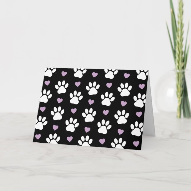 Carte Paw Motif, Chien Paws, White Paws, Lilac Hearts (Devant)